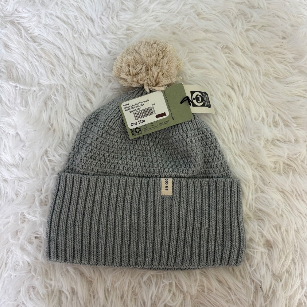 REI Wallace Lake Wool Pom Beanie Alloy Gray Heather Unisex One Size NWT